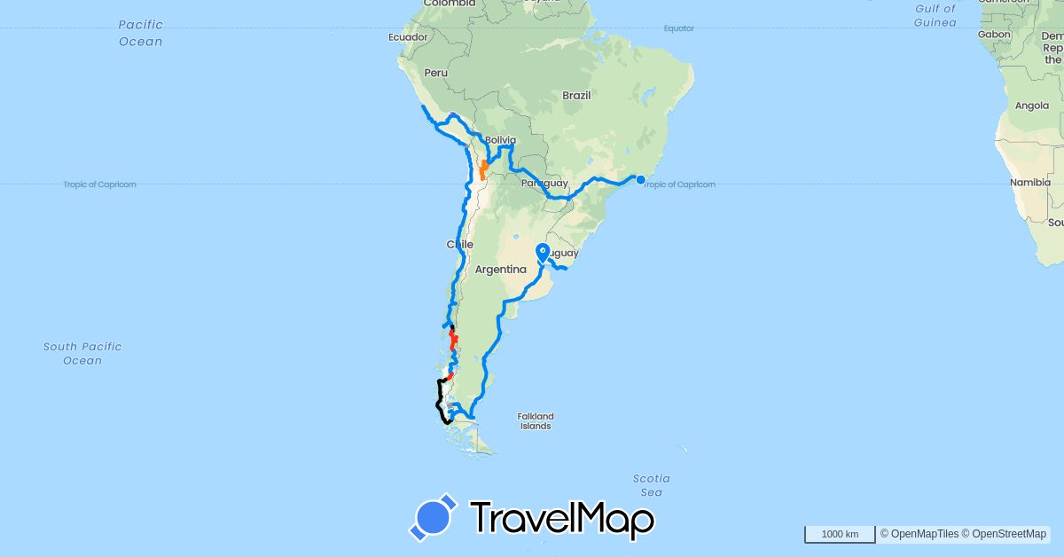 TravelMap itinerary: driving, bus, train, jeep, cable car, car, boat, ferry, hitch hiking in Argentina, Bolivia, Brazil, Chile, Peru, Paraguay, Uruguay (South America)